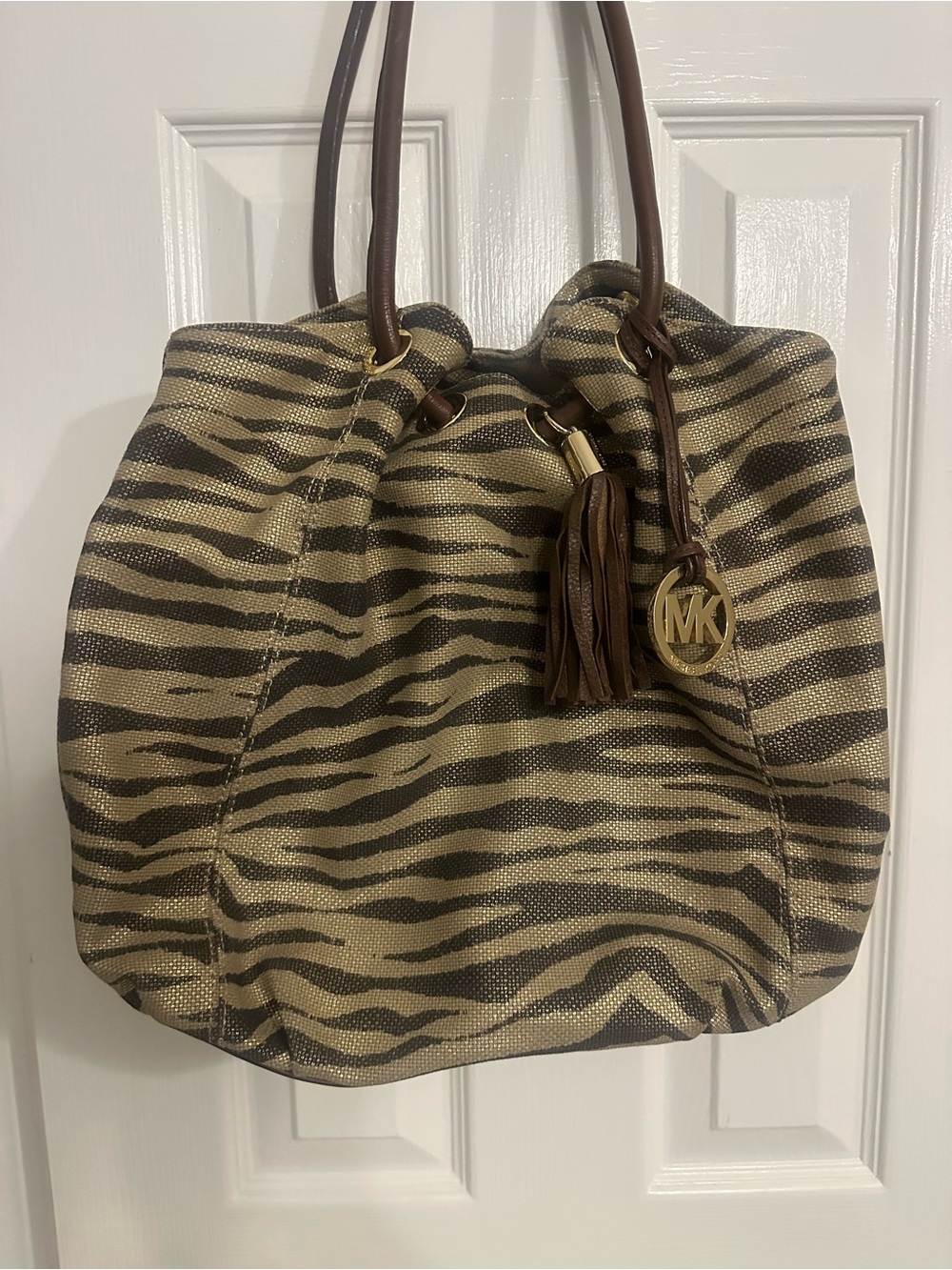 Michael Kors Zebra Print Large Tote Shoulder Bag – Brown/Gold